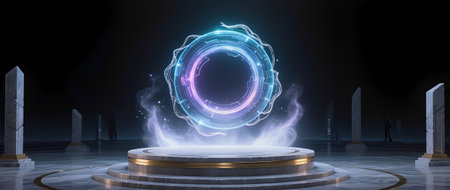Glowing circular portal emits vibrant energy in a dark setting, surrounded by ancient stone pillars, evoking a sense of mystery and explorationの素材