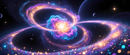 Stunning cosmic scene featuring swirling galaxies and vibrant nebulae, illustrating the vastness of space and the beauty of celestial phenomenaの素材