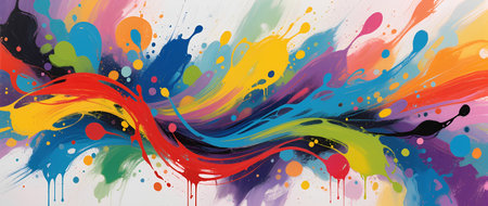 Colorful abstract watercolor illustration with energetic splashes and flowing lines, creating a lively atmosphere filled with artistic creativity and visual excitementの素材