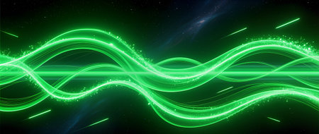 Vibrant green wave illustration featuring glowing trails and sparkles, set against a cosmic backdrop, evoking feelings of energy, motion, and creativityの素材
