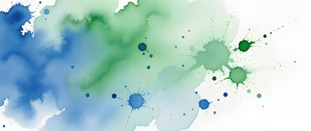 Vibrant abstract watercolor illustration showcases blue and green splashes, creating a dynamic background with soft textures and flowing shapes for artistic useの素材