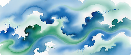 Watercolor illustration showcases flowing waves in blue and green hues, evoking a sense of tranquility and harmony with soft gradients and fluid formsの素材