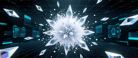 Digital illustration features a crystalline structure with floating geometric shapes in a futuristic grid environment, showcasing modern technology and design aestheticsの素材