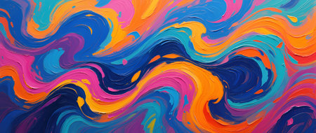 Abstract artwork features swirling colors in vibrant shades of blue, pink, orange, and purple, creating a dynamic visual experience with rich textures and movementの素材
