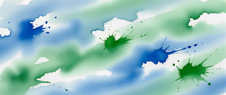 Vibrant abstract watercolor illustration with blue and green splashes on a soft gradient background, providing a dynamic artistic expression and ample copy spaceの素材