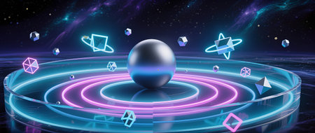 Digital illustration showcases a luminous sphere amidst geometric shapes and neon rings, evoking a futuristic cosmic scene filled with vibrant colors and dynamic energyの素材