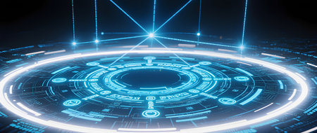Digital interface features glowing blue circular patterns and intricate data elements, representing advanced technology and innovation in a futuristic virtual spaceの素材