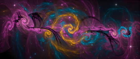 Vibrant cosmic illustration showcases swirling patterns in pink, blue, and yellow, creating a captivating visual experience that inspires curiosity about the universe and its mysteriesの素材