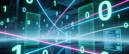 Digital environment showcases glowing binary code and neon lines intersecting with transparent data panels, creating a vibrant atmosphere of technological advancement and digital interactionの素材