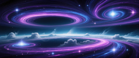 Stunning cosmic scene showcases swirling galaxies and colorful nebulae, with twinkling stars scattered throughout, evoking a sense of wonder and explorationの素材