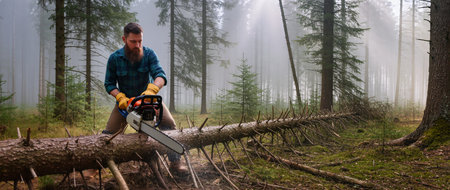 Man with beard operates chainsaw on fallen tree in serene forest, with mist and sunlight creating a tranquil atmosphere, highlighting outdoor work and nature's beautyの素材