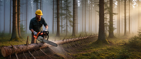 Lumberjack uses chainsaw to cut fallen tree in serene forest, with mist and sunlight creating a tranquil atmosphere, showcasing nature and craftsmanshipの素材