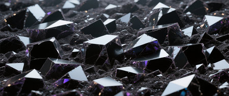 Black crystals are scattered on a dark surface, reflecting light and creating a stunning visual effect, showing the beauty of natural mineral formationsの素材