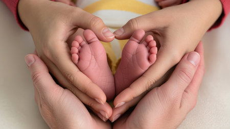 Hands of family members create heart shape around newborn feet, symbolizing love and connection, capturing warmth and tenderness in a cozy environmentの素材
