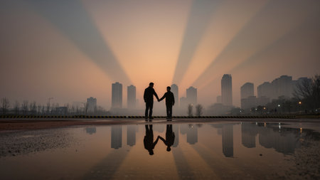 Couple stands hand in hand, silhouetted by a vibrant sunset, with city buildings in the background and reflections in water, evoking romance and togethernessの素材
