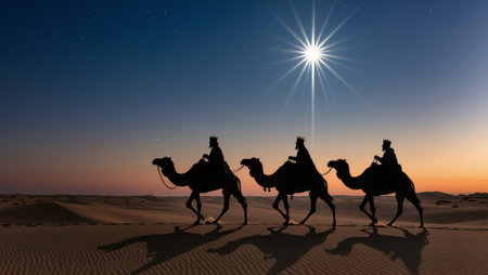 Camels traverse sandy dunes at dusk, with a radiant star illuminating the scene, evoking a sense of adventure and tranquility in the vast desert landscapeの素材