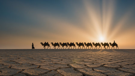 A lone figure walks beside a caravan of camels on parched ground at sunset, with warm rays of light creating a tranquil desert sceneの素材