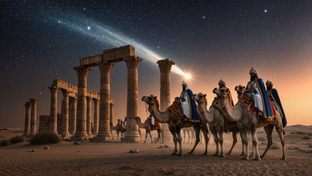 Travelers ride camels across sandy dunes, approaching ancient ruins illuminated by starlight, evoking a sense of wonder and exploration in a serene atmosphereの素材