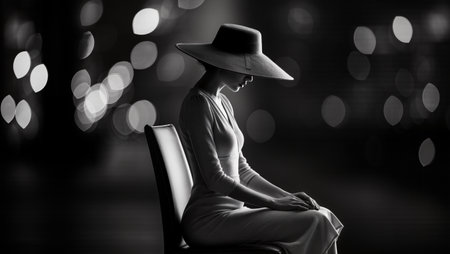 Woman wearing a stylish hat sits gracefully on a chair, with soft bokeh lights in the background, evoking a sense of calm and elegance in the sceneの素材