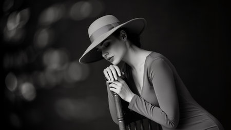 Stylish female figure in a wide-brimmed hat leans on wooden chair, creating a captivating monochrome scene with soft bokeh effects and artistic ambianceの素材