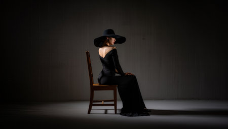 Stylish female figure in a black dress and hat, seated gracefully on a chair, with soft lighting enhancing the elegant ambiance and highlighting the silhouetteの素材