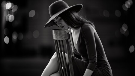 Stylish female figure in a black dress and hat, seated on a chair, lost in thought, surrounded by soft lighting and blurred background elements creating a serene atmosphereの素材