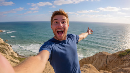 Enthusiastic young man captures a selfie on a cliff, with a stunning ocean view in the background, embodying a sense of adventure and joyの素材