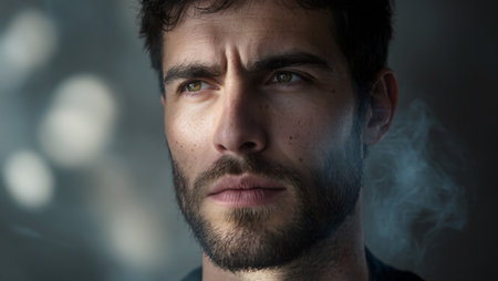 Thoughtful male model with dark hair and beard is illuminated by soft light, creating a smoky atmosphere that enhances the depth of his expression and moodの素材
