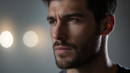 Male figure with dark hair and beard, is gazing thoughtfully with soft bokeh lights creating an atmospheric background, evoking a sense of introspection and depthの素材