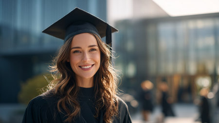 Young woman wearing graduation cap and gown smiles outdoors in front of a modern building, celebrating her academic achievement with fellow graduates in the backgroundの素材