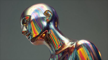 Iridescent mannequin sculpture displays a glossy finish with vibrant colors, highlighting its contours and details against a plain backgroundの素材