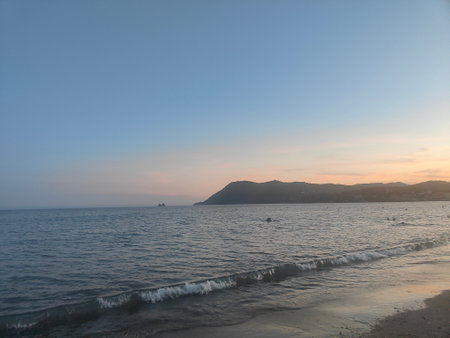 Beach of Les Sablettes, sunset in summerの写真素材