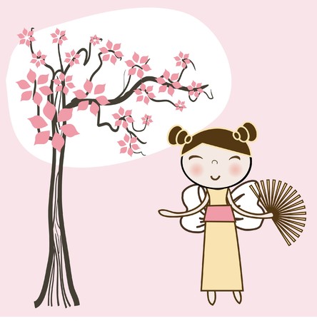 Asian girl under spring floral tree.の写真素材