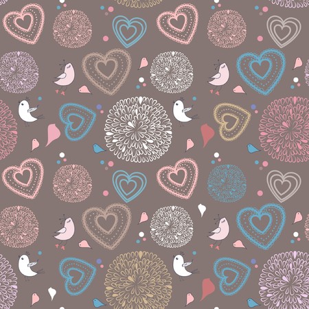 Seamless pattern with birds and hearts の写真素材