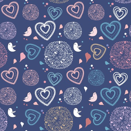 Seamless pattern with birds and hearts の写真素材