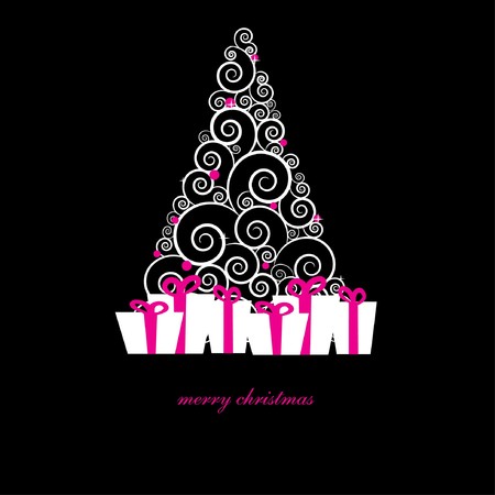 christmas card with holiday tree on black backgroundの写真素材