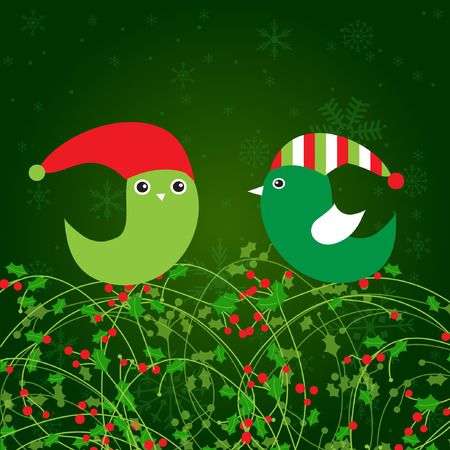 Birds couple on the holly berry branch. Holiday greetings card のイラスト素材
