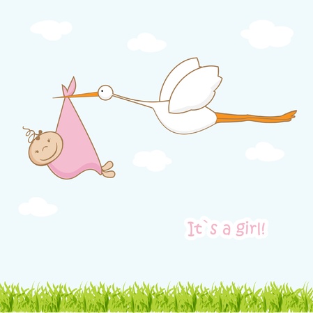 Baby arrival card with stork that brings a cute girl のイラスト素材