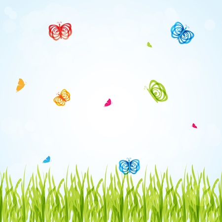 Spring background with multicolored butterflies under fresh green grass のイラスト素材