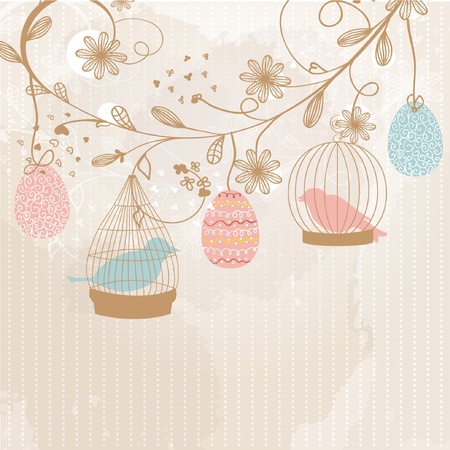 Easter card with cute birds in the cages and patterned easter eggs のイラスト素材