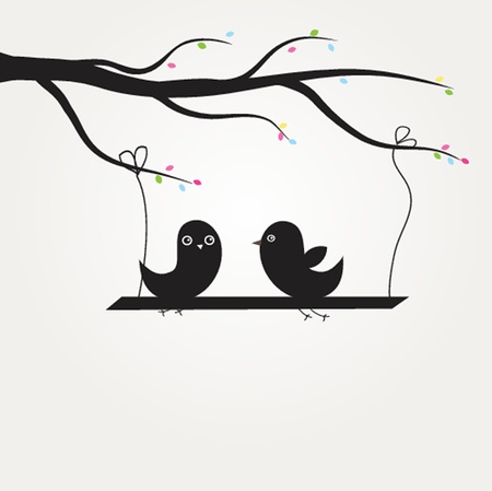 Cute greetings card with birds on a swingのイラスト素材