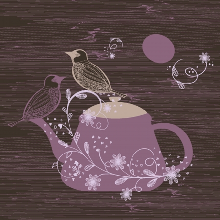 Birds couple on the teapot, hand drawn のイラスト素材