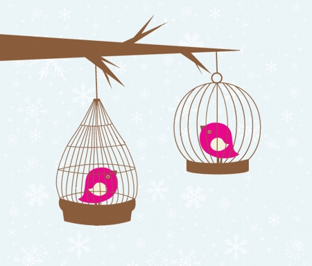 Cute greetings card with birds on a swingの写真素材
