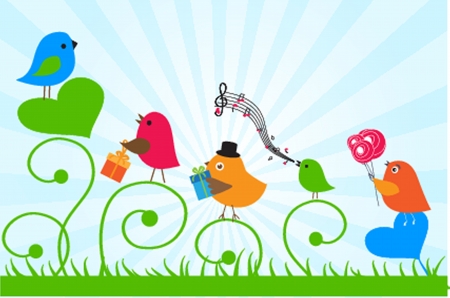 Cute greetings card with birds on a swingのイラスト素材