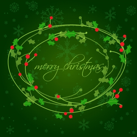 Christmas background with holly berry leaves on dark green backgroundのイラスト素材