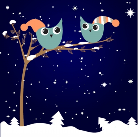 simple card illustration of two funny cartoon owls with christmas hats on a branchのイラスト素材