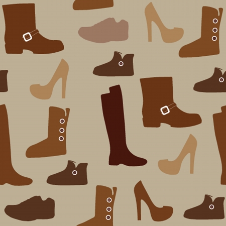 Seamless pattern with different kind of shoes. Boots, heels, shearling boots, riding boots and more.のイラスト素材