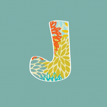 Hand drawn floral letter J isolated on blue background. のイラスト素材