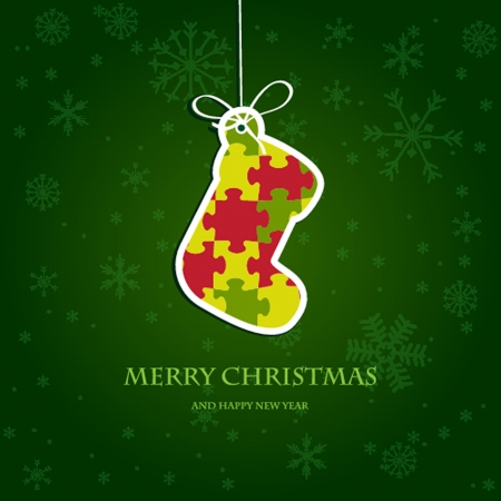 Christmas card with holiday elements: tree, bell,holly berryの写真素材