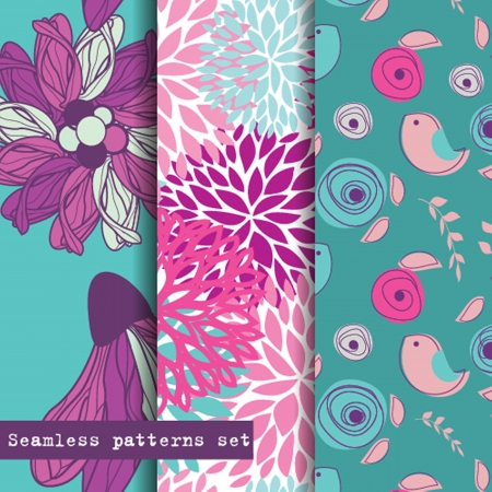 Set of three seamless pattern. Flowers and birds theme. Easy editable, vector formatの写真素材